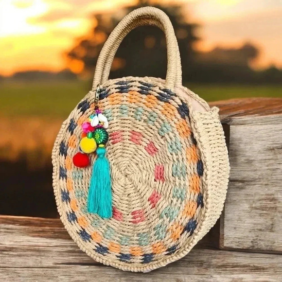 ποΈBoho Chic Colorful Round Handwoven Straw Crossbody Bag With Tassel Charm - Picture 16 of 16